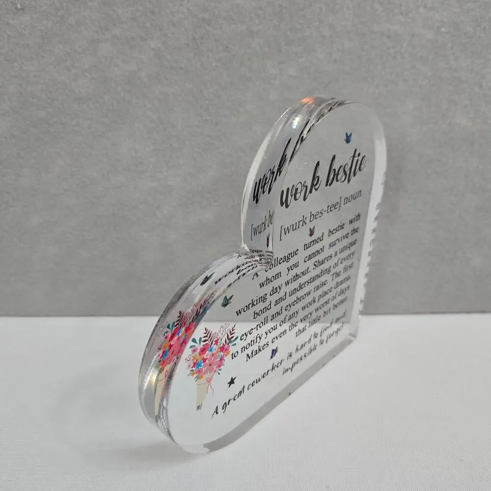 Work Bestie Coworker Friend at Work Acrylic Heart Shaped Desk Sign Plaque NEW